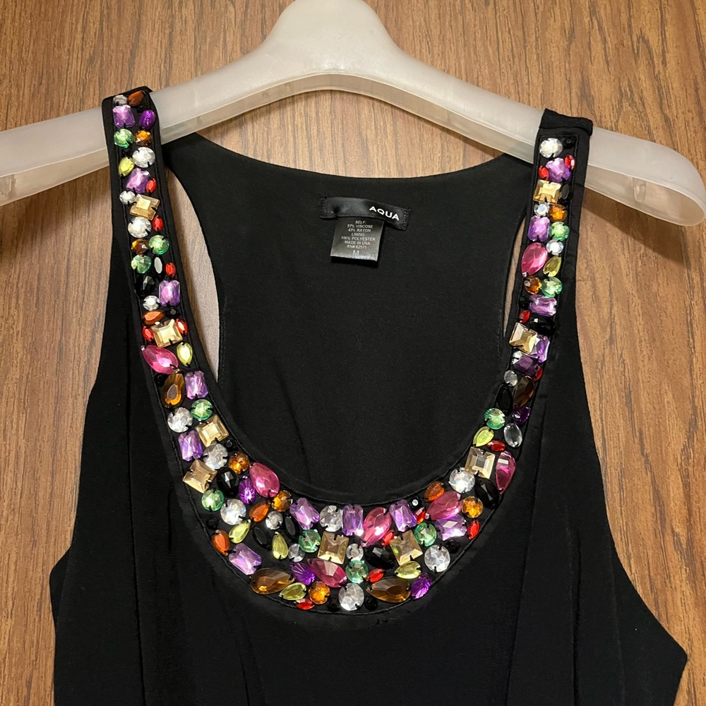 Aqua Racerback High-low Hem Dress with Jewelry Neckline Detail